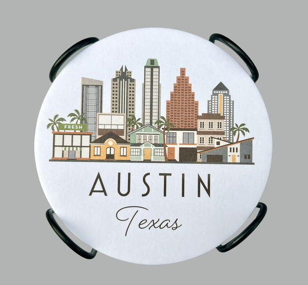 Austin Texas Graphic Skyline Paper Pulp Board Coasters | Set of 15 With Black Metal Stand | Absorbent Disposable Reusable Party Bar Coasters