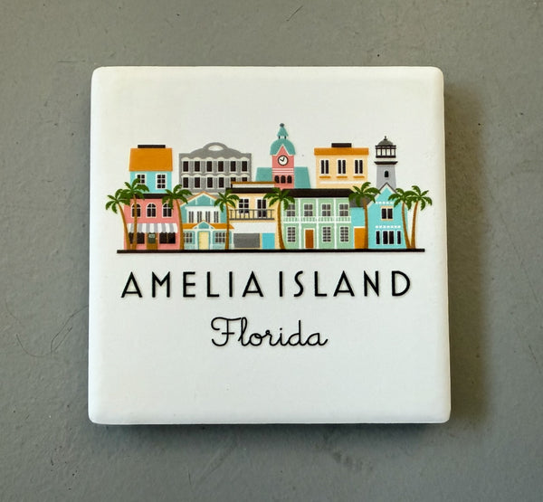 Amelia Island Florida Illustrated Skyline Ceramic Fridge Magnet