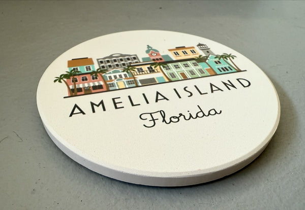 Amelia Island Florida Skyline Absorbent Stone Ceramic Coaster with Cork Backing