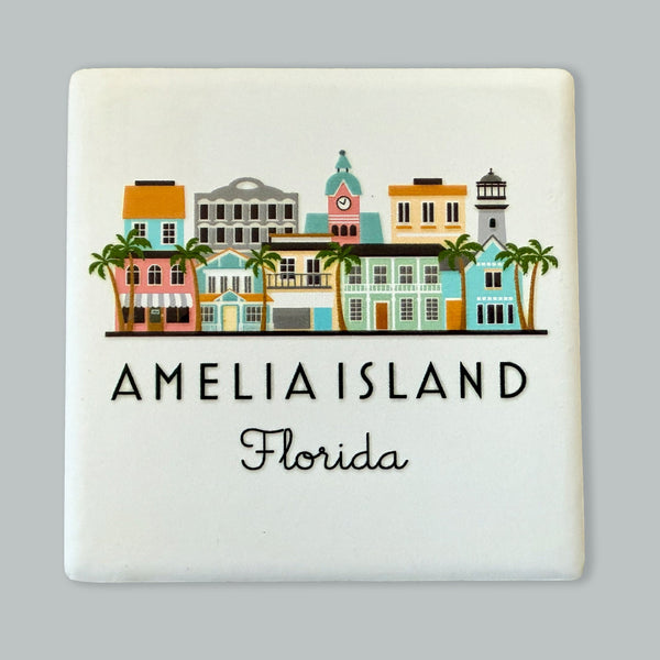 Amelia Island Florida Illustrated Skyline Ceramic Fridge Magnet