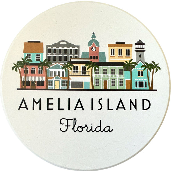 Amelia Island Florida Skyline Absorbent Stone Ceramic Coaster with Cork Backing