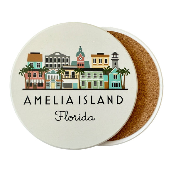 Coaster with illustration of Amelia Island, Florida on a white background