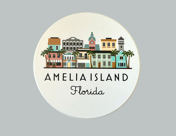 Amelia Island Florida Skyline Absorbent Stone Ceramic Coaster with Cork Backing