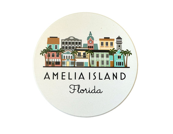 Amelia Island Florida Skyline Absorbent Stone Ceramic Coaster with Cork Backing