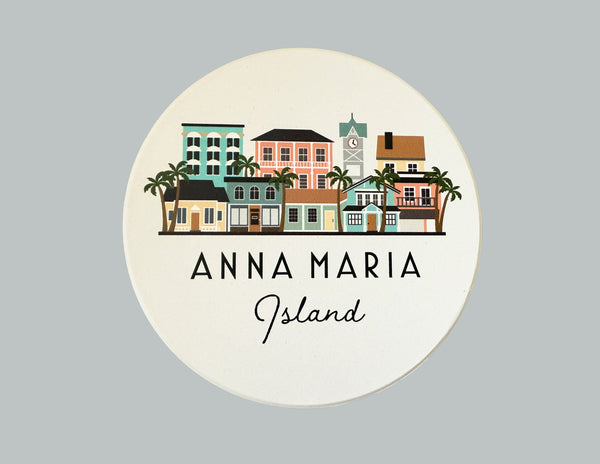 Anna Maria Island Florida Skyline Absorbent Stone Ceramic Coaster with Cork Backing