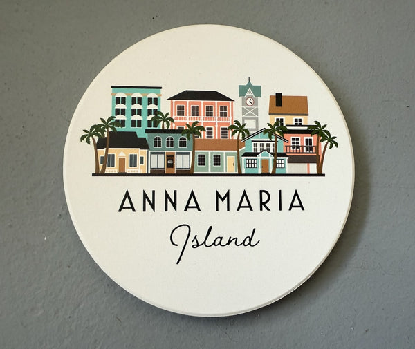 Anna Maria Island Florida Skyline Absorbent Stone Ceramic Coaster with Cork Backing