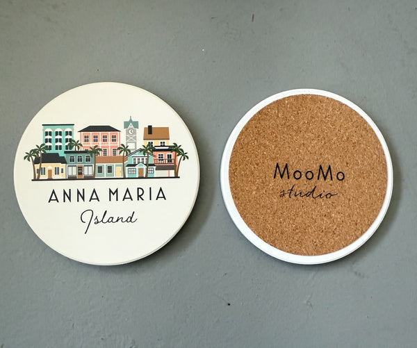 Anna Maria Island Florida Skyline Absorbent Stone Ceramic Coaster with Cork Backing