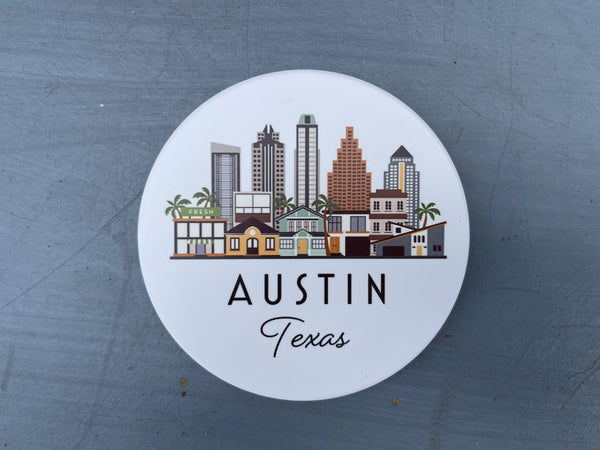 Austin Texas Cityscape Skyline Graphic Flat Ceramic Coaster with Cork Backing