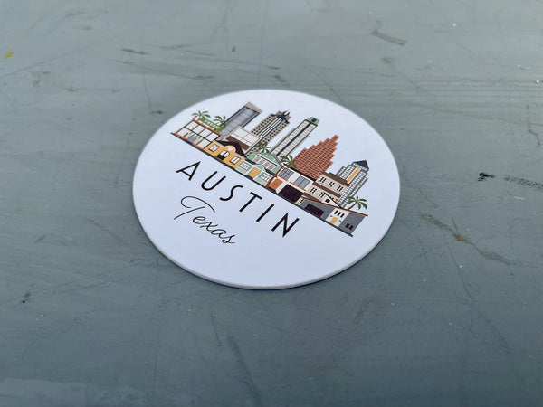 Austin Texas Graphic Skyline Paper Pulp Board Coasters | Set of 15 With Black Metal Stand | Absorbent Disposable Reusable Party Bar Coasters