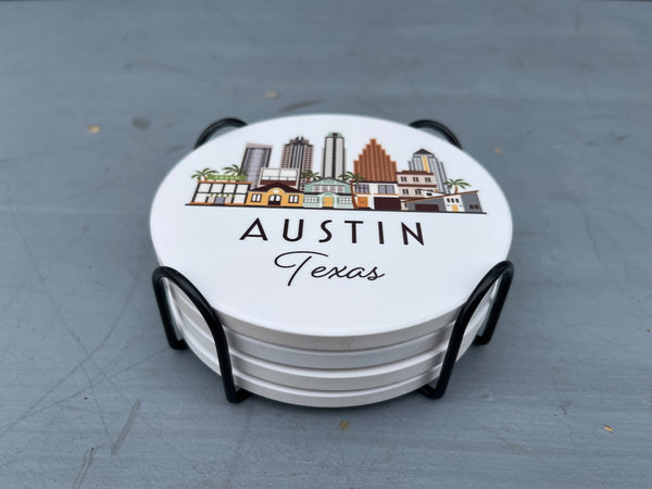 Austin Texas Cityscape Skyline Graphic Flat Ceramic Coaster with Cork Backing