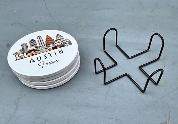 Austin Texas Cityscape Skyline Graphic Flat Ceramic Coaster with Cork Backing