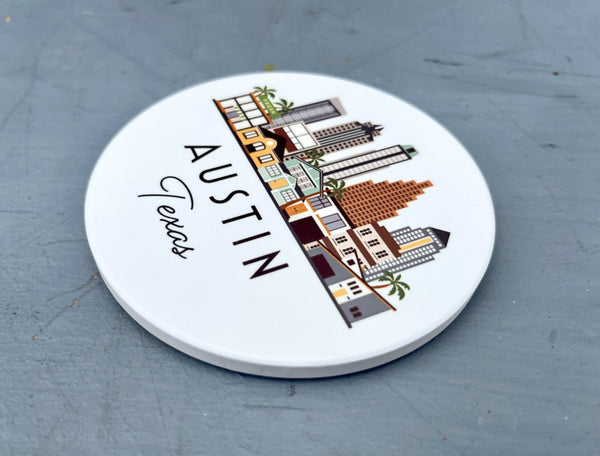 Austin Texas Cityscape Skyline Graphic Flat Ceramic Coaster with Cork Backing