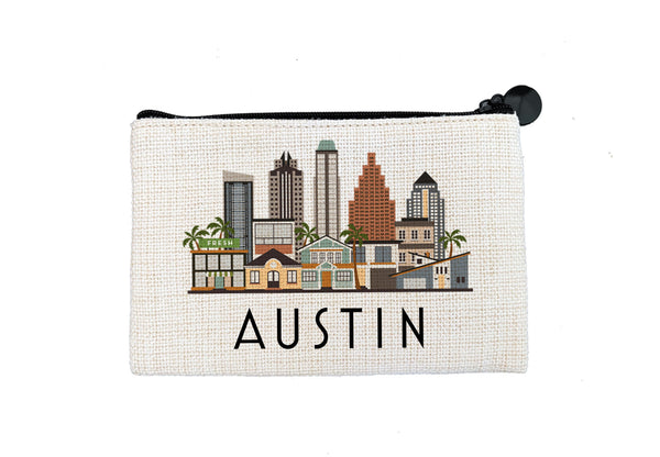 Austin Texas Cityscape Graphic Skyline Flat Coin Purse Zipper Gift Credit Card Pouch