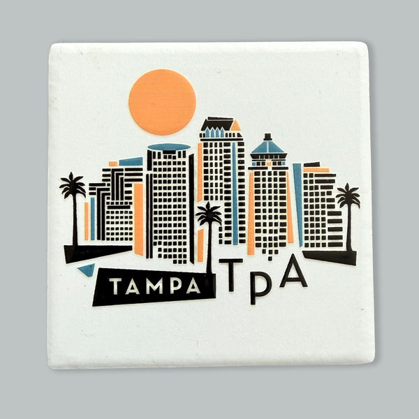 Tampa Florida White Geometric Skyline Ceramic Fridge Magnet