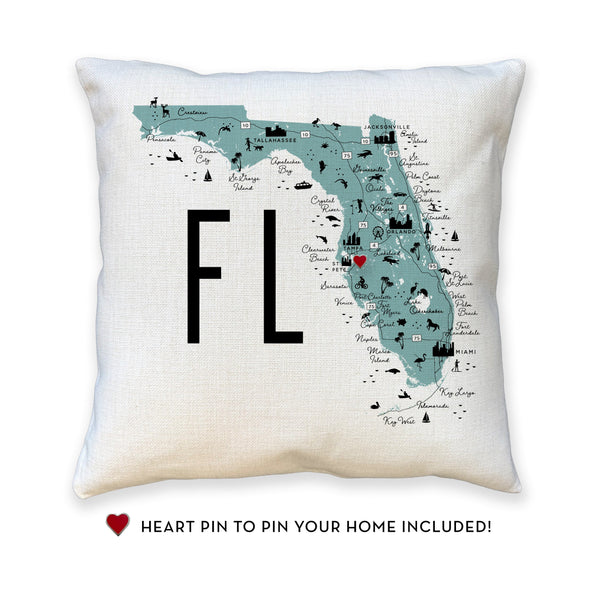 Florida State Icon Map Pillow Cover | Pin-Your-Home Pillow Cover Decorative Throw Pillow Cushion Sham