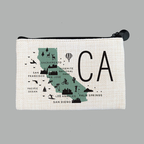 California Icon Map with Cities Flat Coin Purse Zipper Gift Credit Card Pouch