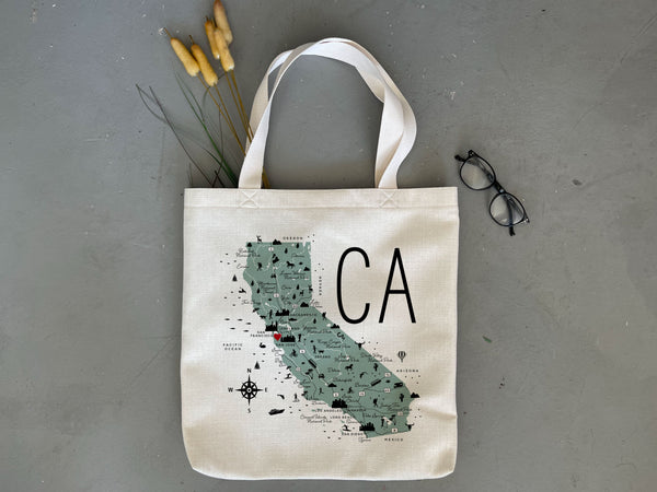 California State Icon Map Tote Bag with Heart Pin | Shopping Tote Beach Bag