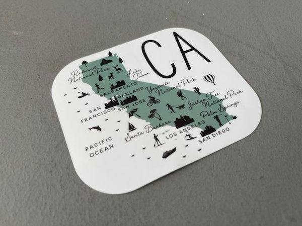California Icon Map with Cities Weatherproof Sticker | CA Water Bottle Sticker | California Computer Car Vinyl Sticker
