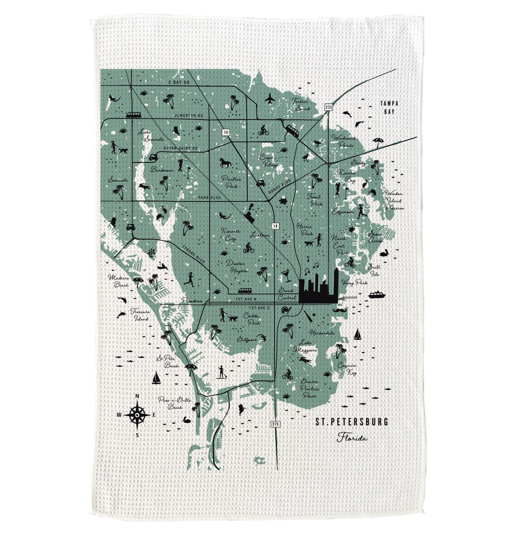 St. Petersburg Florida Map Microfiber Kitchen Towel Graphic Print With Neighborhoods and Icons