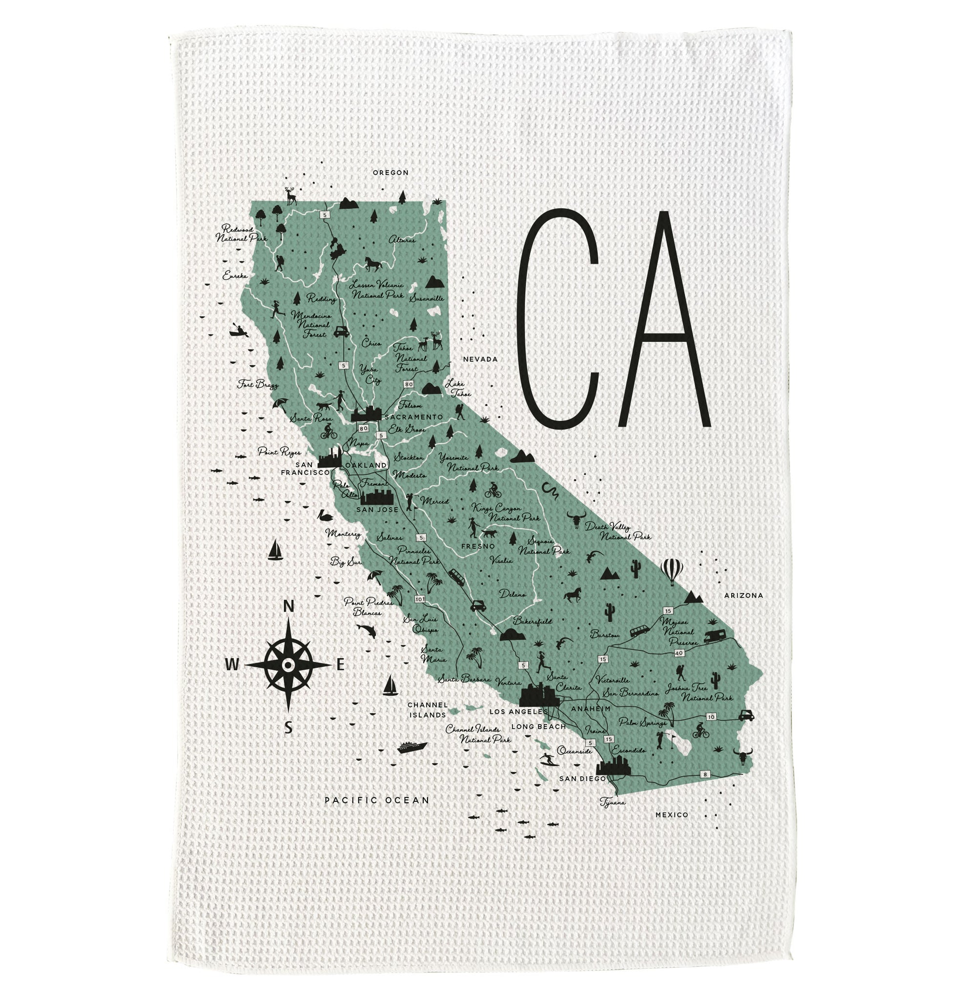 California State Icon Map with Cities Microfiber Kitchen Towel Graphic Print