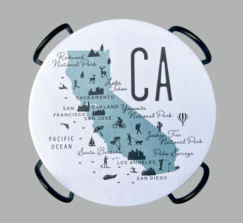 California Icon Map Paper Pulp Board Coasters | Set of 15 With Black Metal Stand | Absorbent Disposable Reusable Party Bar Coasters