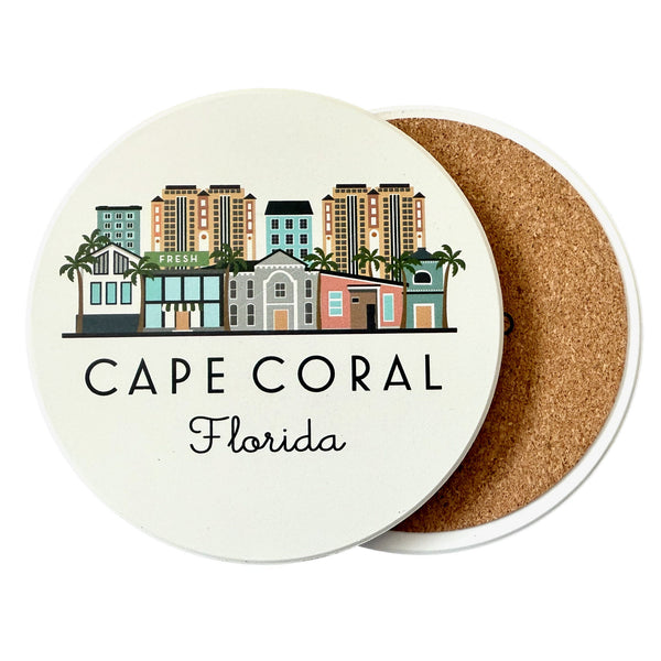 Cape Coral Florida Skyline Absorbent Stone Ceramic Coaster with Cork Backing