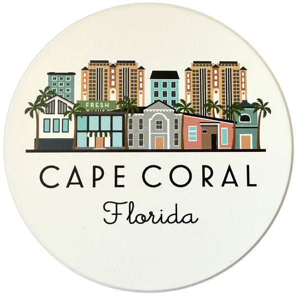 Cape Coral Florida Skyline Absorbent Stone Ceramic Coaster with Cork Backing