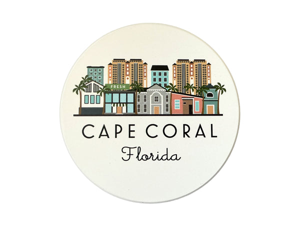 Cape Coral Florida Skyline Absorbent Stone Ceramic Coaster with Cork Backing