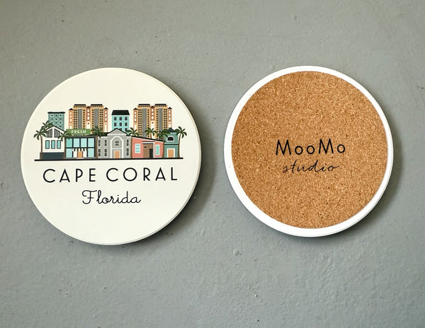 Cape Coral Florida Skyline Absorbent Stone Ceramic Coaster with Cork Backing