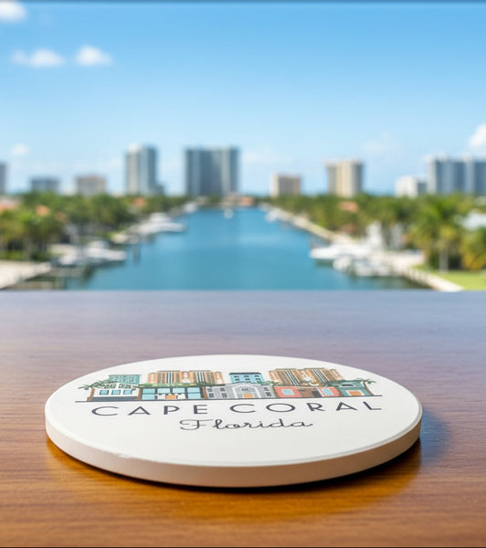 Cape Coral Florida Skyline Absorbent Stone Ceramic Coaster with Cork Backing