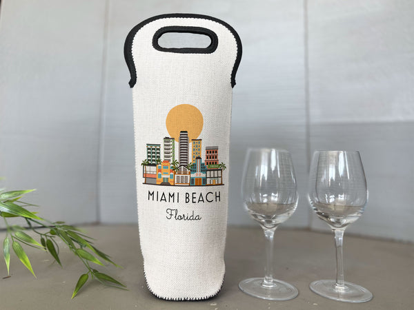 Miami Beach Florida Skyline Wine Carrier Tote Neoprene Lining Liquor Bottle Cooler