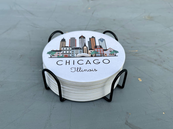 Chicago Skyline Paper Pulp Board Coasters | Set of 15 With Black Metal Stand | Absorbent Disposable Reusable Party Bar Coasters