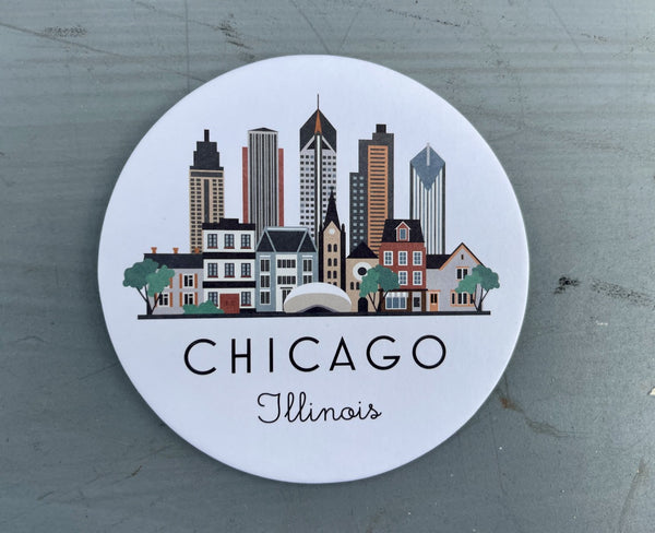 Chicago Skyline Paper Pulp Board Coasters | Set of 15 With Black Metal Stand | Absorbent Disposable Reusable Party Bar Coasters