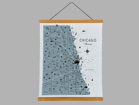 Chicago Illinois Map Fabric Print with Wooden Hanging Frame