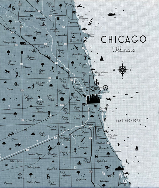 Chicago Illinois Map Fabric Print with Wooden Hanging Frame