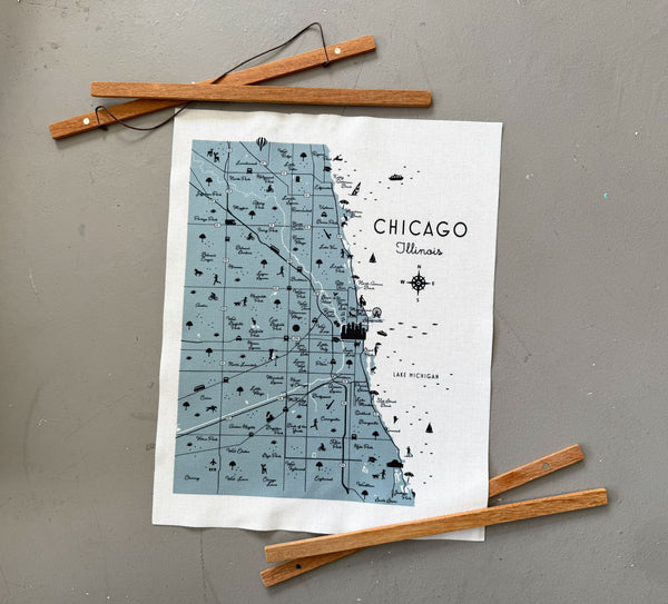 Chicago Illinois Map Fabric Print with Wooden Hanging Frame