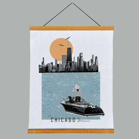 Chicago Illinois Vintage Collage Fabric Print with Wooden Hanging Frame