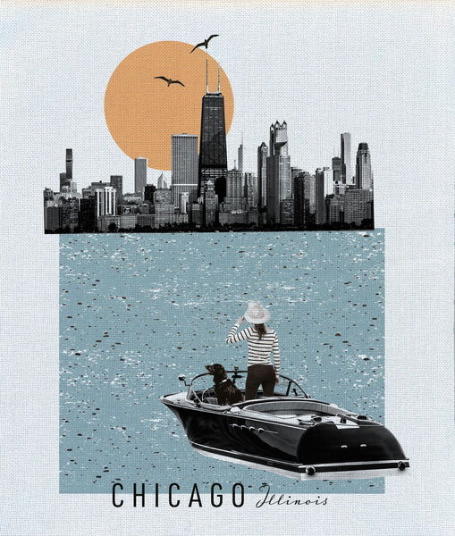 Chicago Illinois Vintage Collage Fabric Print with Wooden Hanging Frame