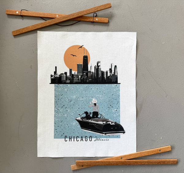 Chicago Illinois Vintage Collage Fabric Print with Wooden Hanging Frame
