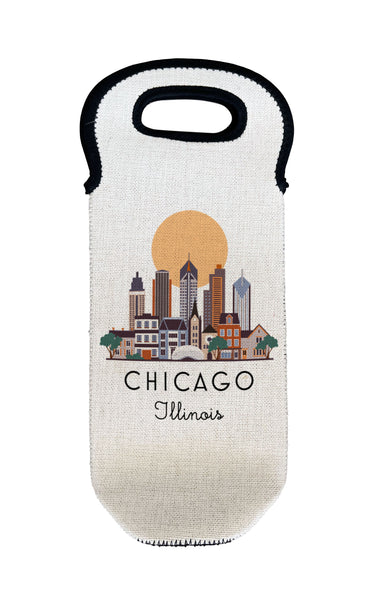 Chicago Illinois Skyline Graphic Wine Carrier Tote Neoprene Lining Liquor Bottle Cooler