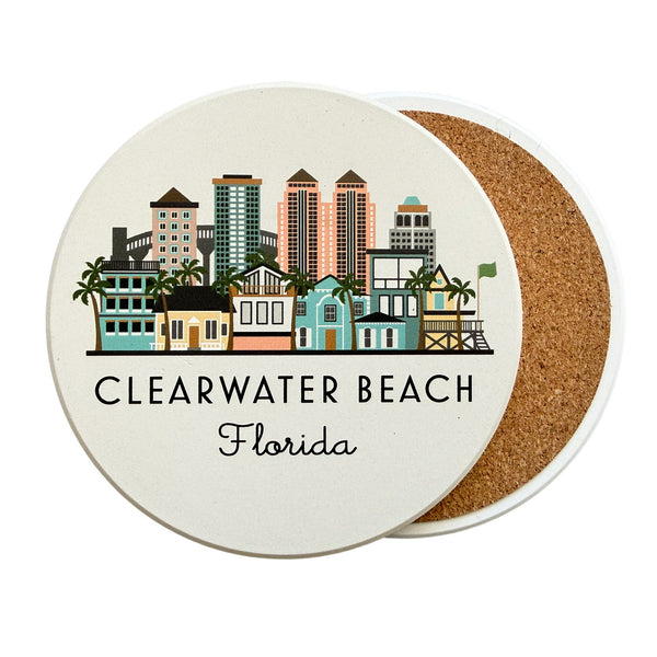 Clearwater Beach Florida Illustrated Skyline Absorbent Stone Ceramic Coaster with Cork Backing