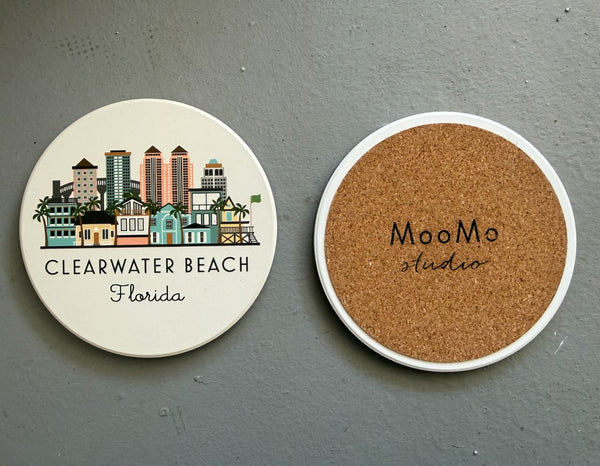 Clearwater Beach Florida Illustrated Skyline Absorbent Stone Ceramic Coaster with Cork Backing
