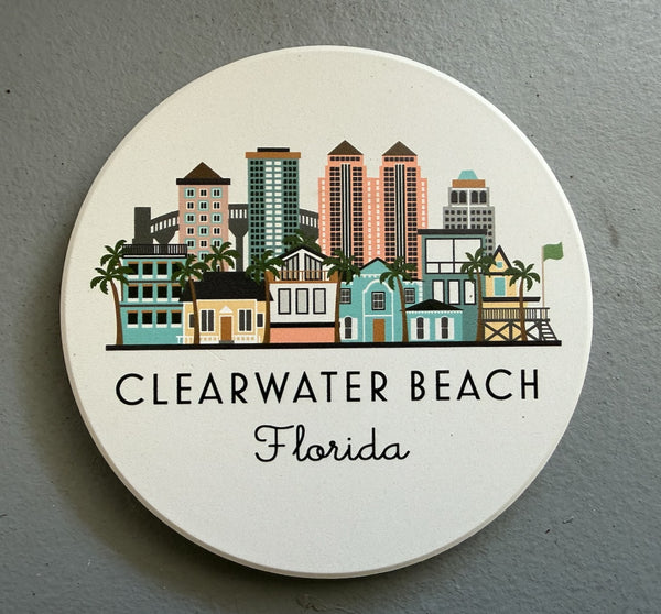Clearwater Beach Florida Illustrated Skyline Absorbent Stone Ceramic Coaster with Cork Backing