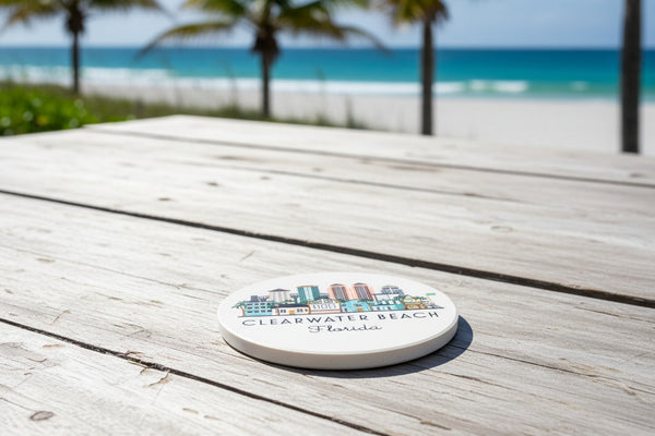 Clearwater Beach Florida Illustrated Skyline Absorbent Stone Ceramic Coaster with Cork Backing