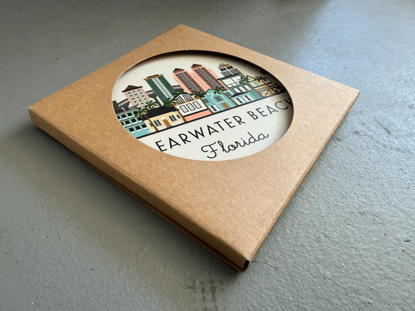 Clearwater Beach Florida Illustrated Skyline Absorbent Stone Ceramic Coaster with Cork Backing