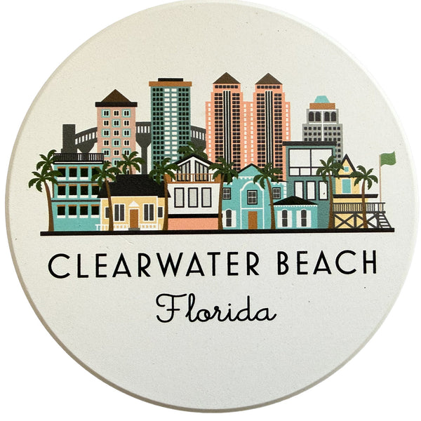 Clearwater Beach Florida Illustrated Skyline Absorbent Stone Ceramic Coaster with Cork Backing