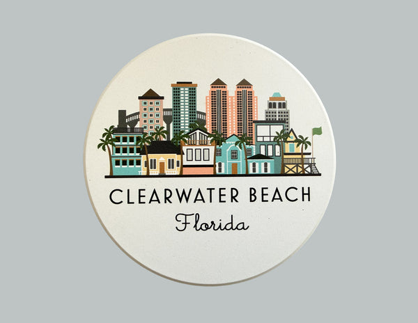 Clearwater Beach Florida Illustrated Skyline Absorbent Stone Ceramic Coaster with Cork Backing