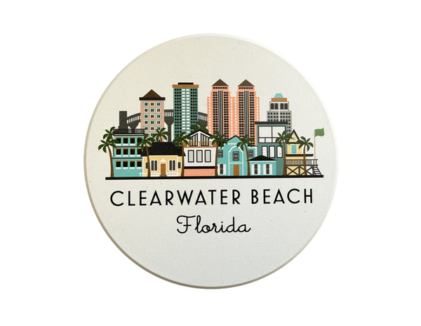 Clearwater Beach Florida Illustrated Skyline Absorbent Stone Ceramic Coaster with Cork Backing