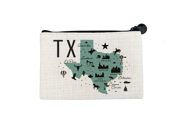 Texas Icon Map with Cities Flat Coin Purse Zipper Gift Credit Card Pouch