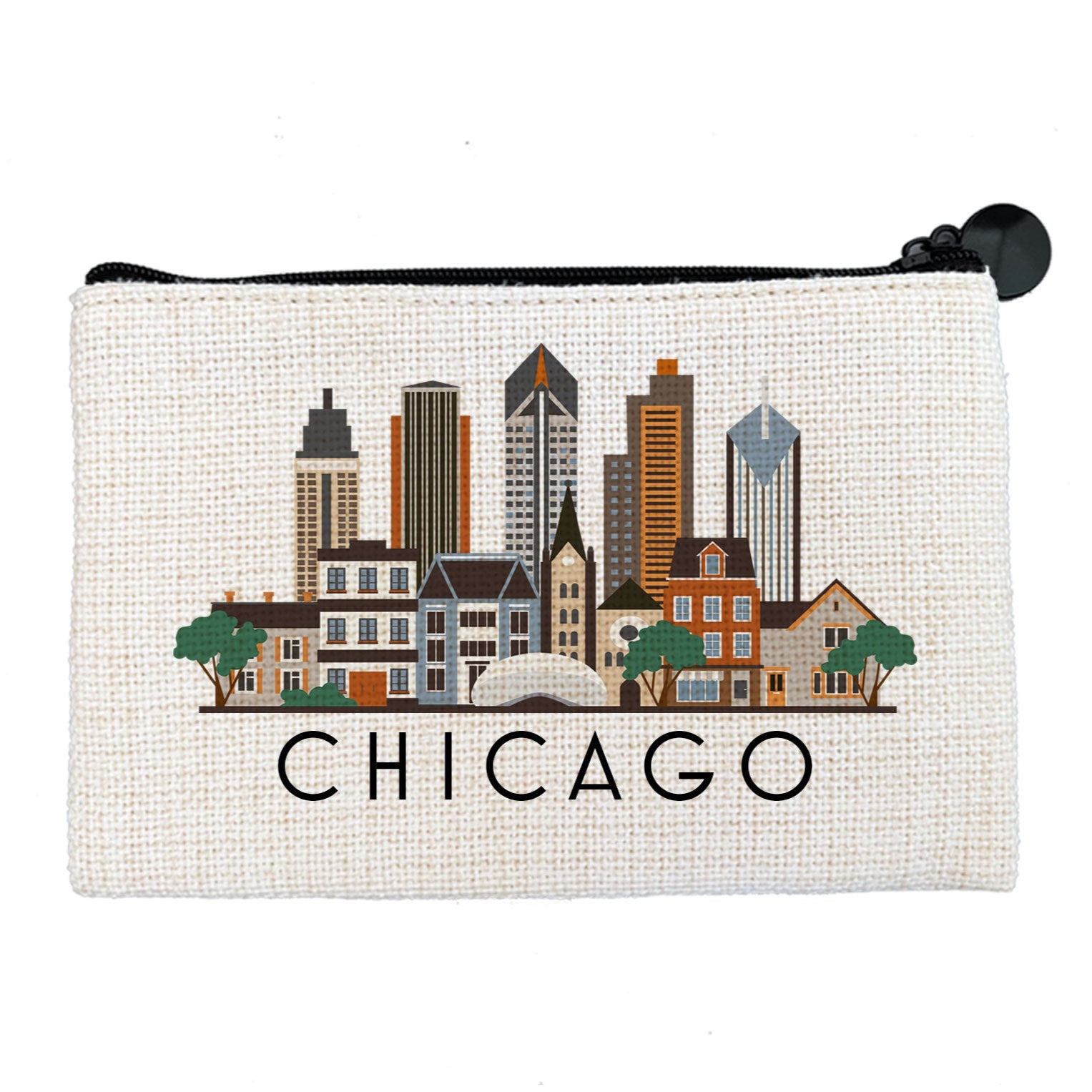 Chicago Illinois Cityscape Graphic Skyline Flat Coin Purse Zipper Gift Credit Card Pouch